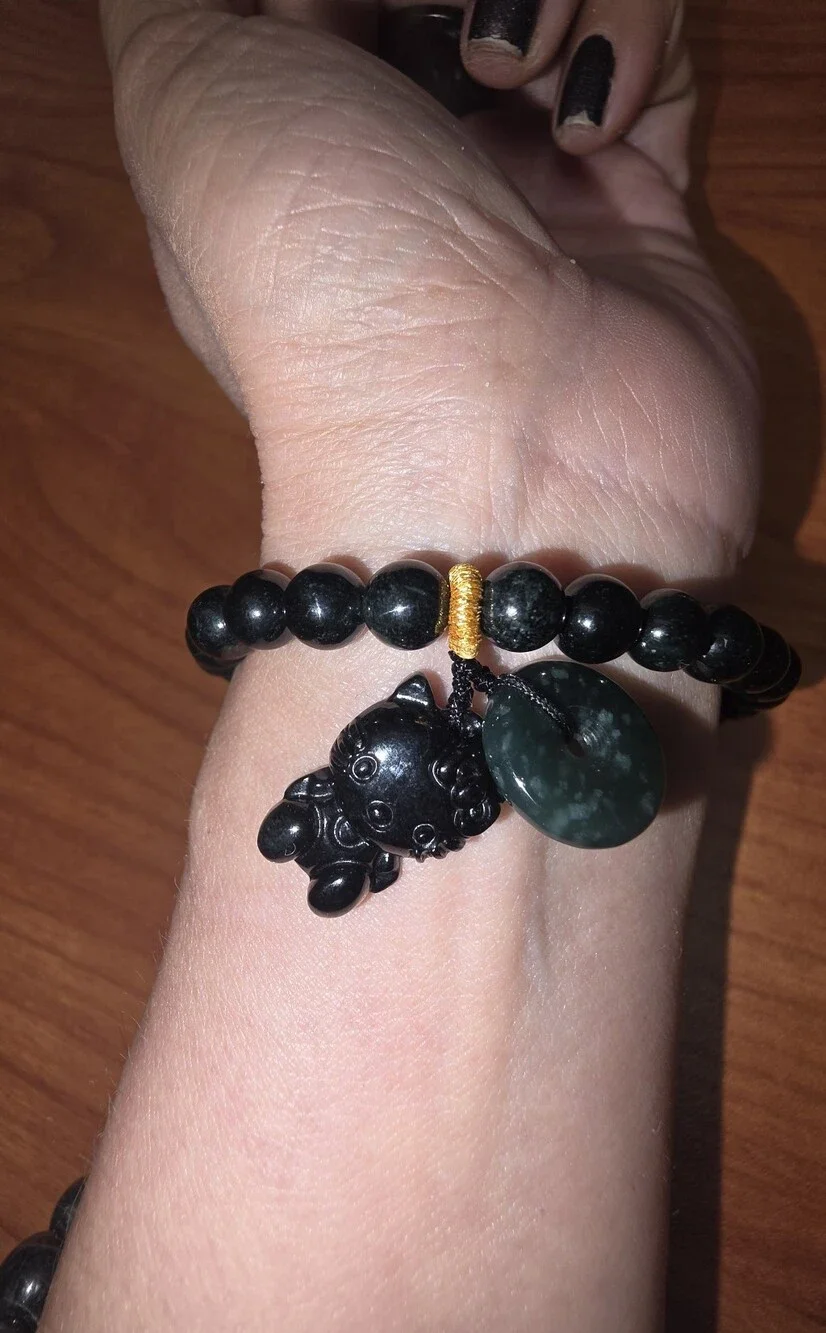 Black Jade Bead Bracelet with Green Jade Donut and Charm